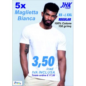5x magliette bianco XS-XXL cotone 150 gr/mq regular fit premium