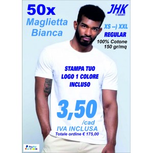 50x magliette bianco XS-XXL cotone 150 gr/mq regular fit premium incluso stampa a 1 colore